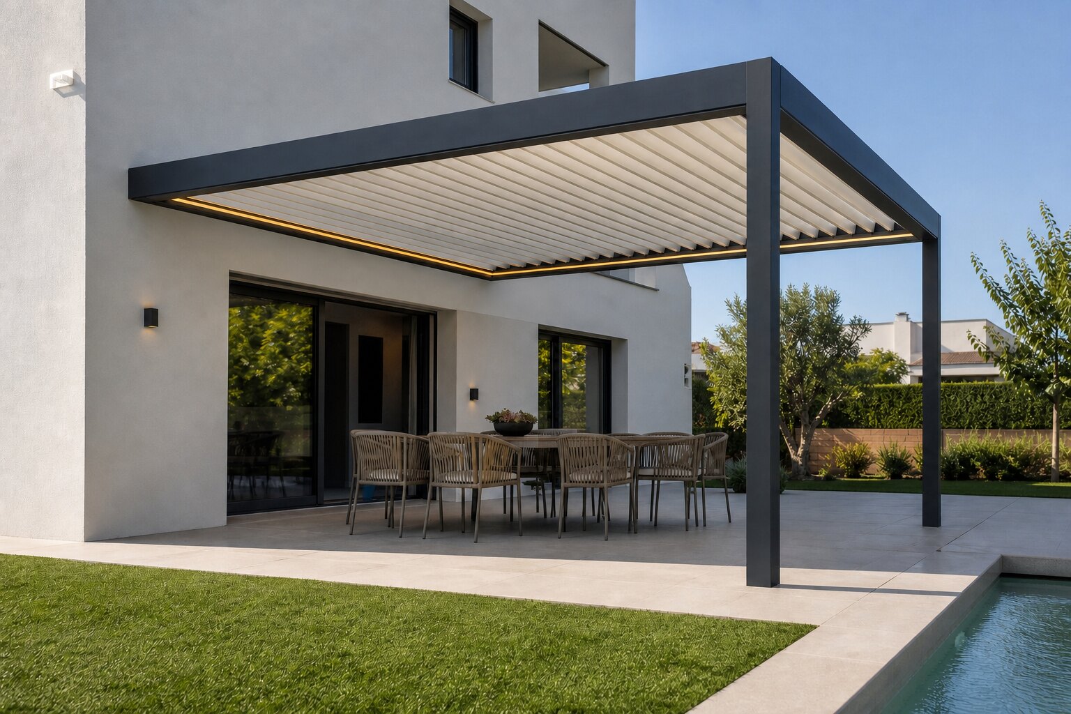 Pérgola bioclimática CERCA adosada a la fachada blanca de una vivienda contemporánea