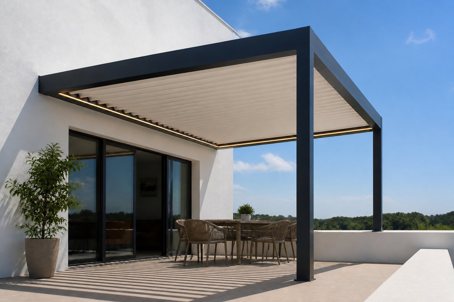 Detalle del anclaje de una pérgola bioclimática CERCA a la fachada de una vivienda