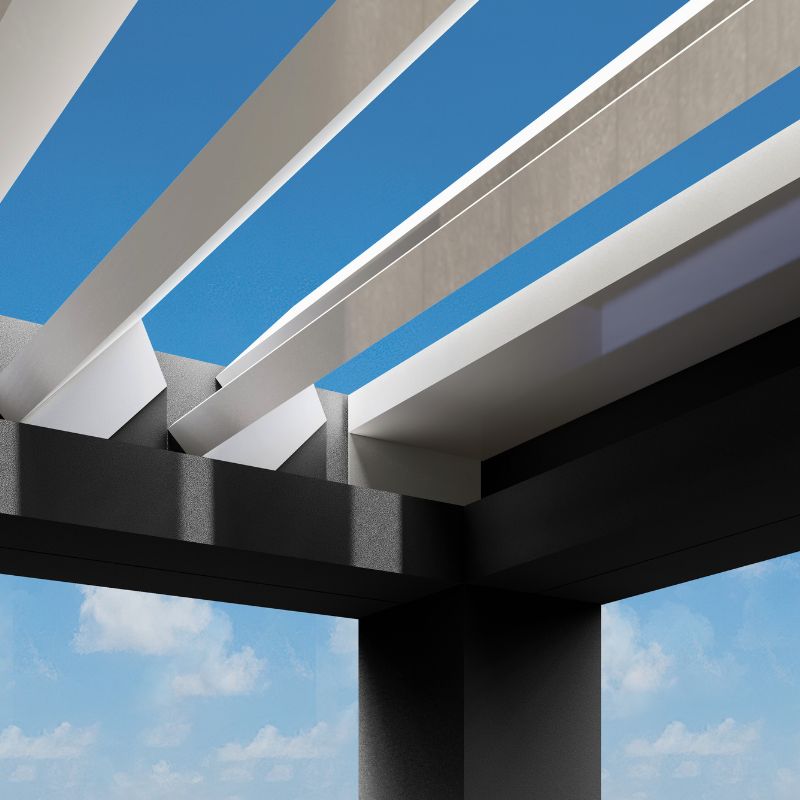 Detalle de lamas orientables de una pérgola bioclimática CERCA, incluidas en el precio de partida