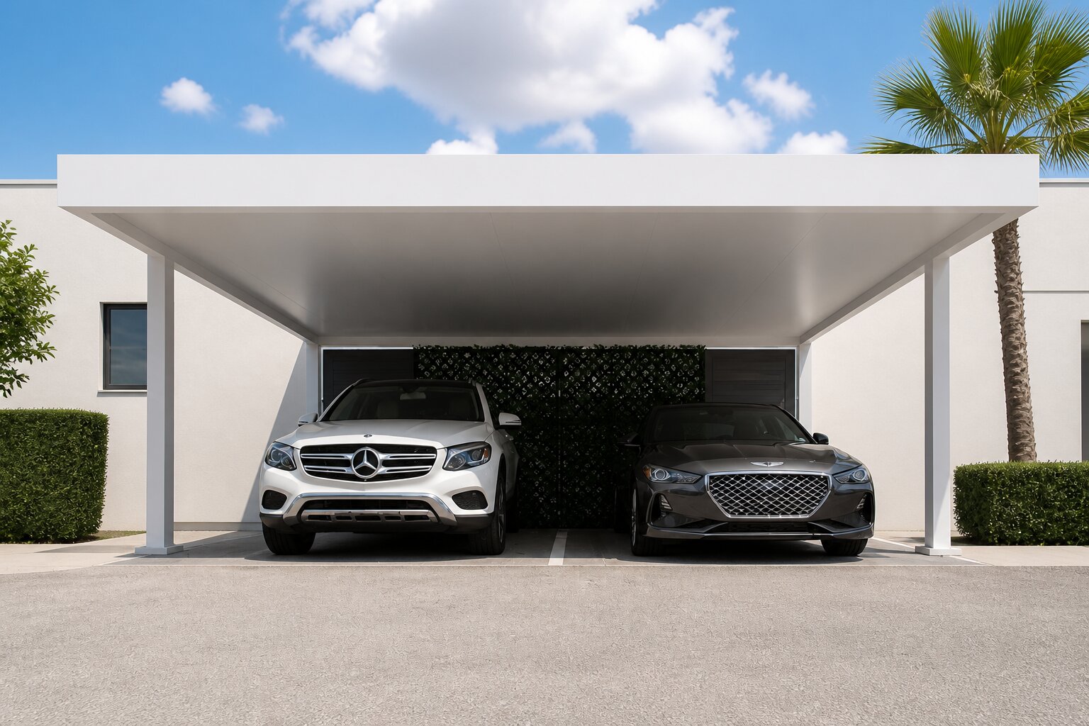 Carport de aluminio CERCA cubriendo dos coches en la entrada de una vivienda contemporánea