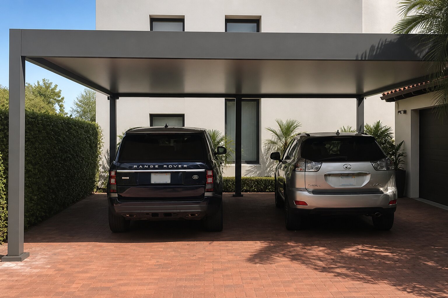 Detalle de las lamas de aluminio del carport CERCA sobre un coche eléctrico aparcado