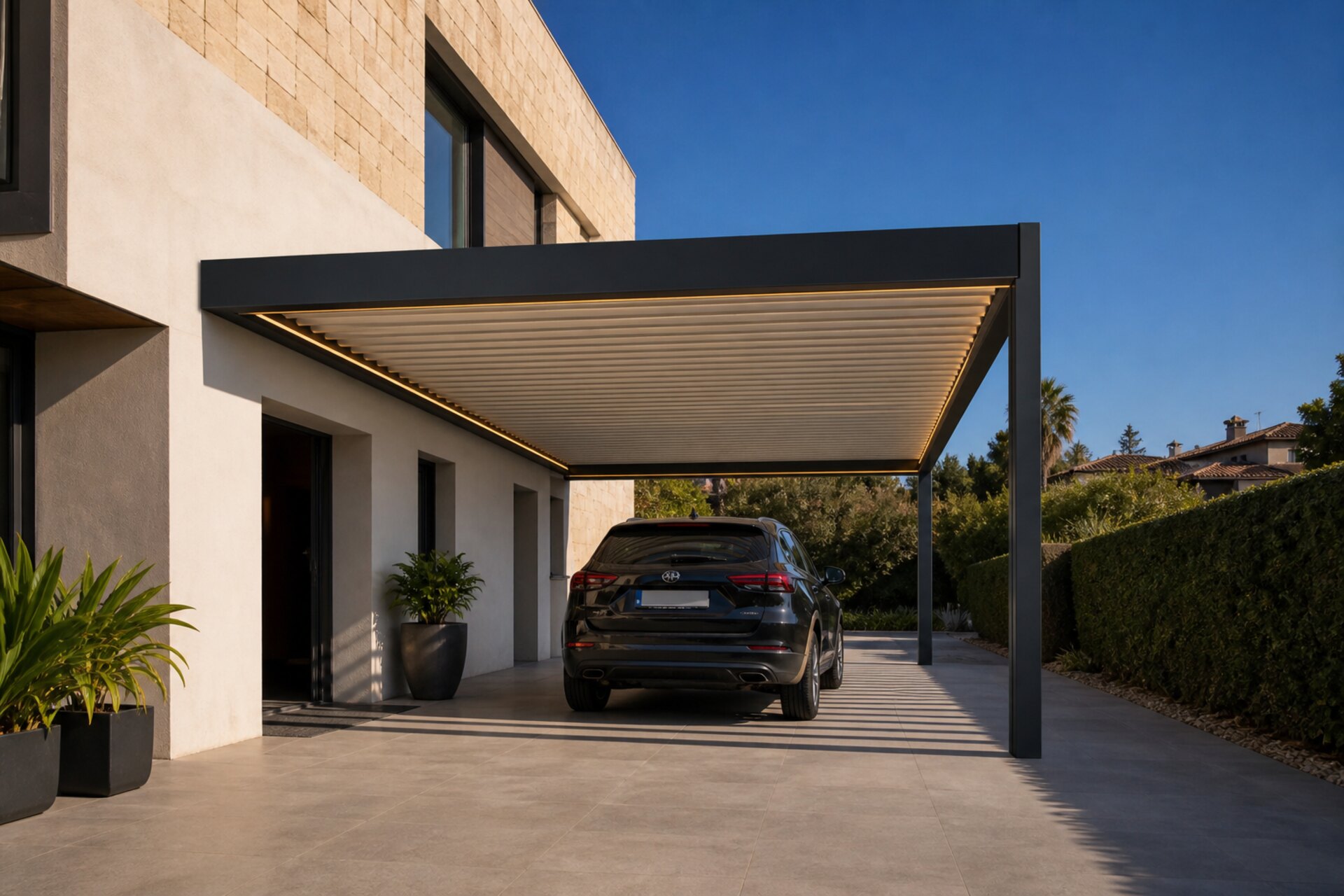 Carport de aluminio CERCA adosado a la fachada, con el coche aparcado y protegido bajo las lamas orientables