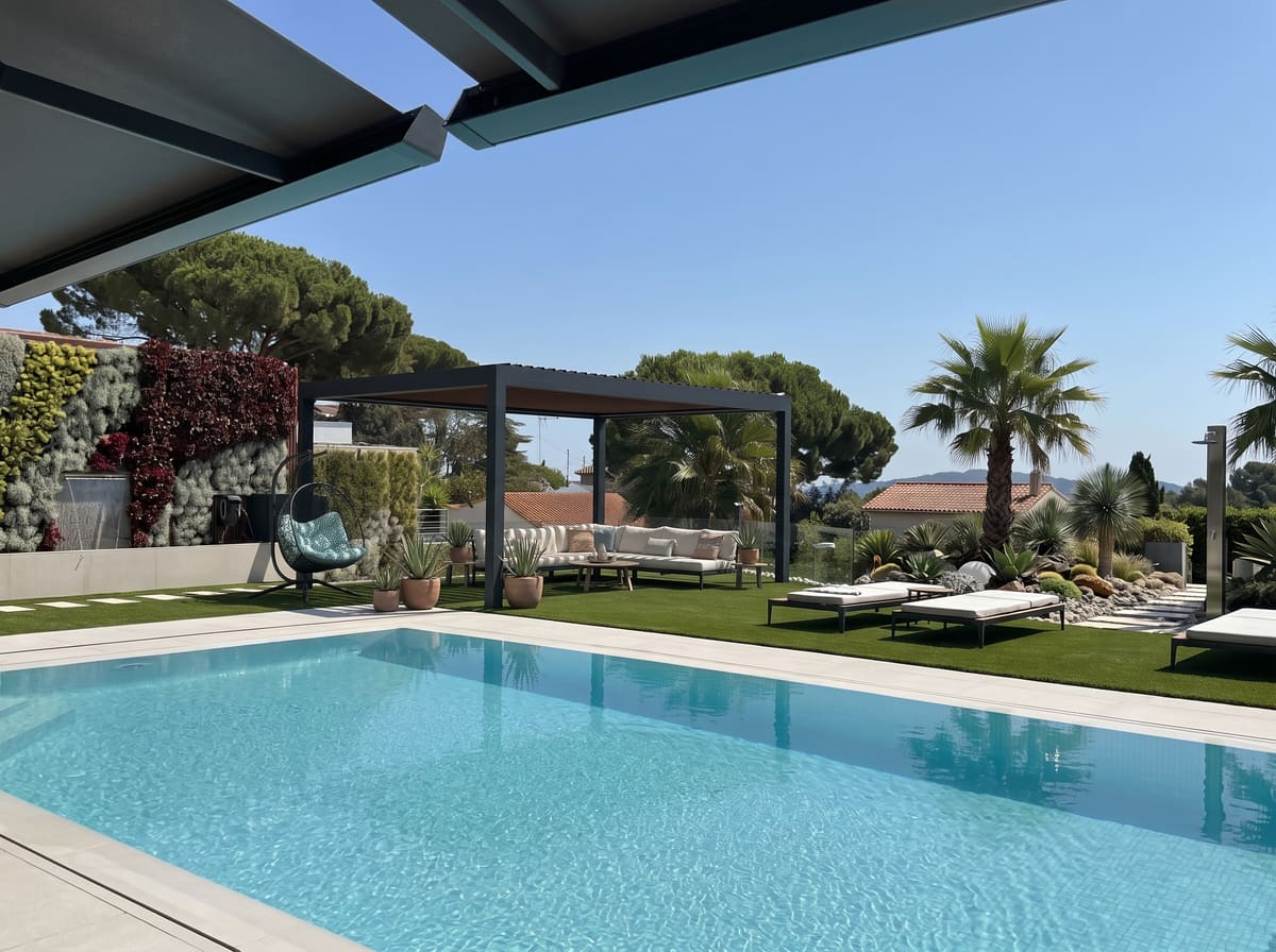 Pérgola CERCA autoportante en un jardín junto a la piscina, a mediodía