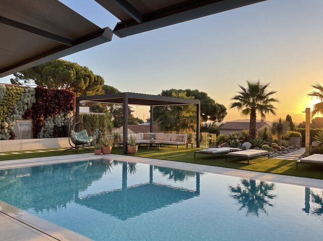 Pérgola bioclimática CERCA autoportante en un jardín junto a la piscina, a última hora de la tarde