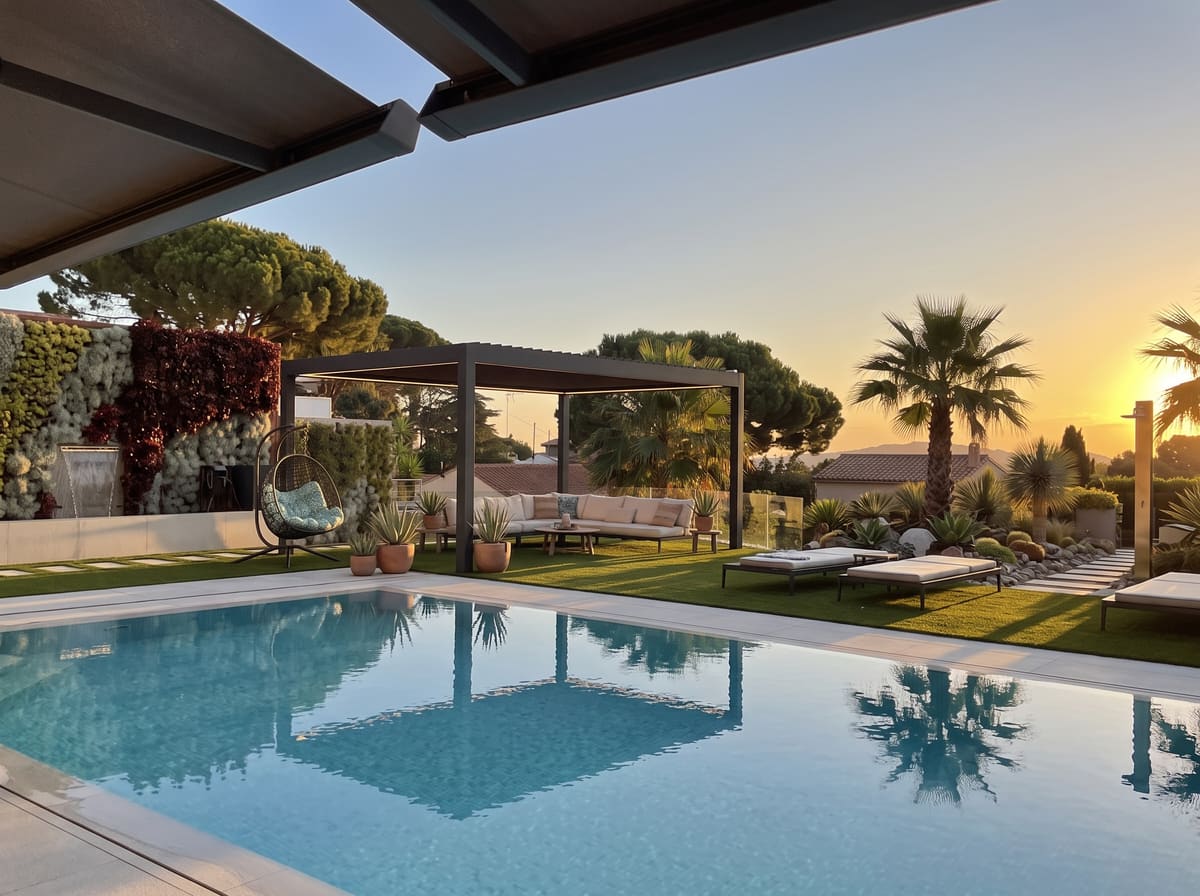 Pérgola bioclimática CERCA en un jardín con las lamas orientables abiertas, el mismo producto del que hablamos en esta página de inconvenientes reales