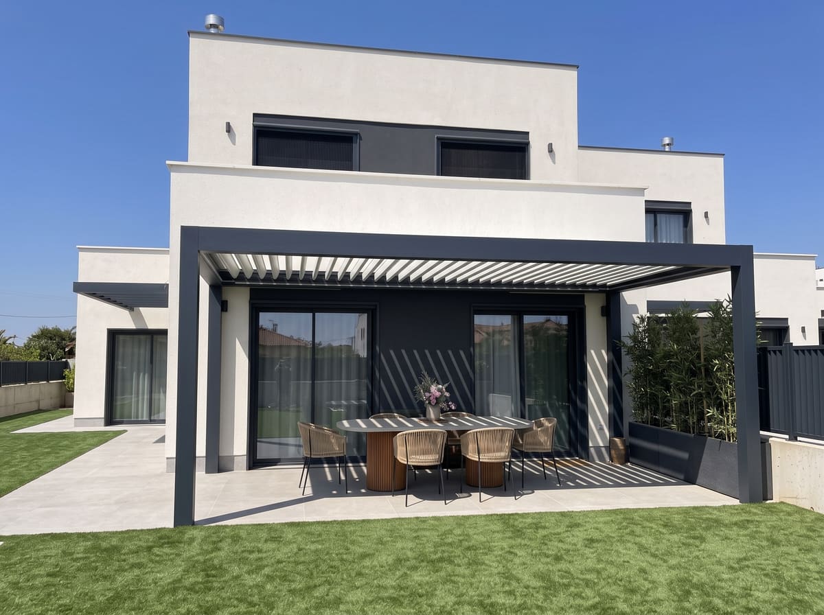 Pérgola bioclimática CERCA fabricada a medida e instalada por equipo propio, ejemplo real frente a un kit de catálogo