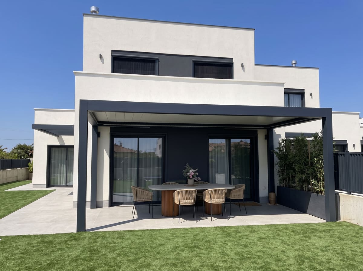 Pérgola CERCA adosada a la fachada de una vivienda, funcionando como porche cubierto