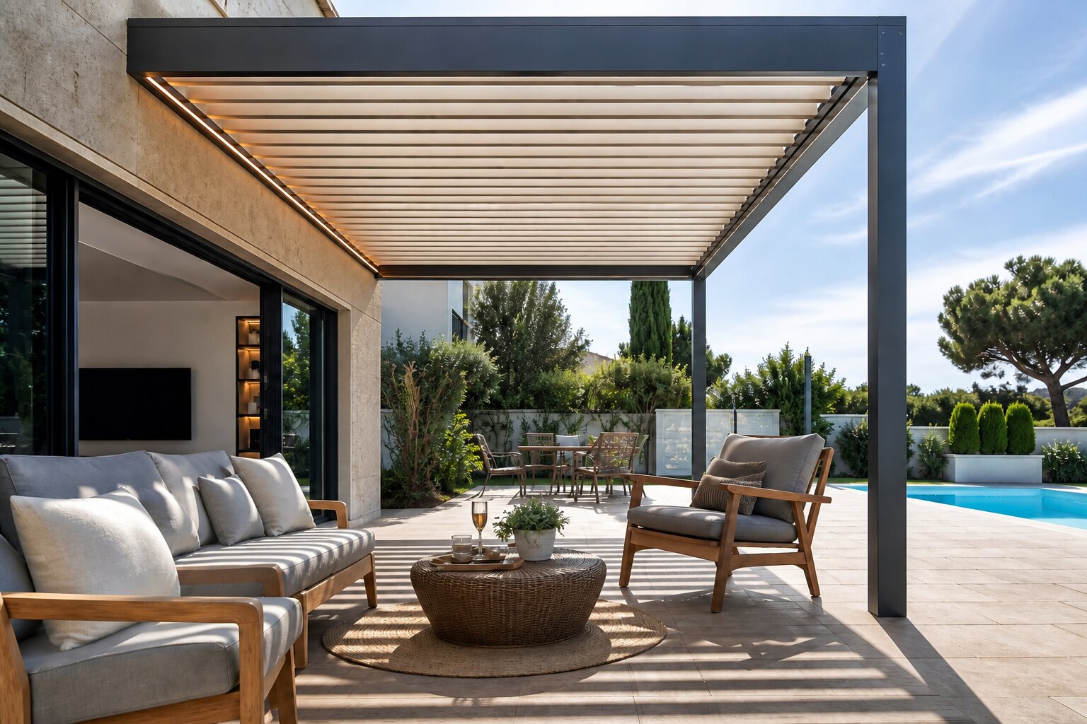 Vista interior de una pérgola bioclimática CERCA con cerramiento de cristal abierto hacia el jardín
