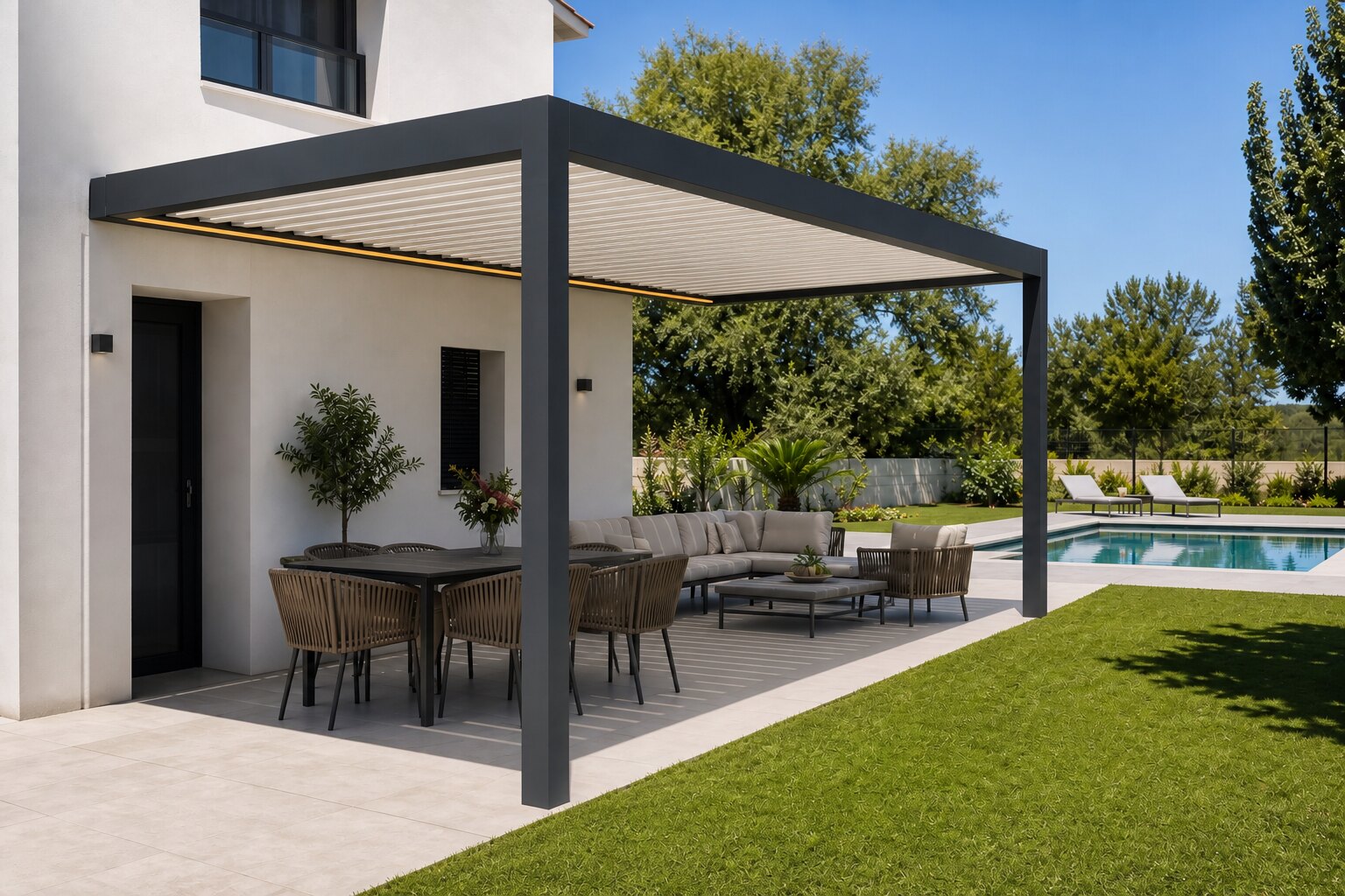 Pérgola bioclimática CERCA en el jardín de una casa unifamiliar, césped artificial y piscina