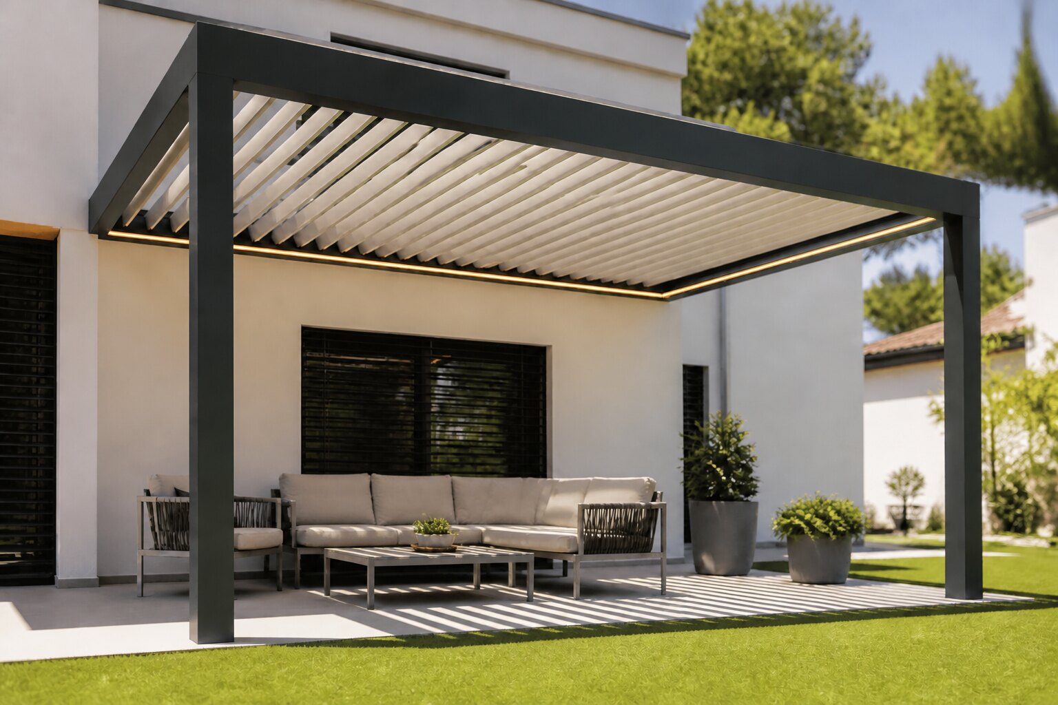 Zona de estar en el jardín bajo una pérgola bioclimática CERCA, césped artificial