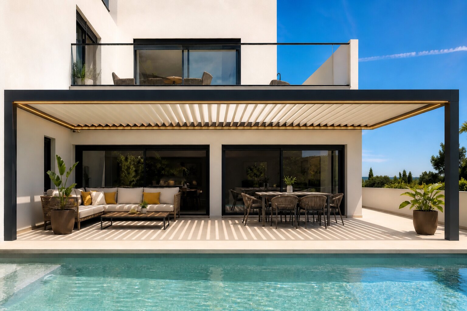 Pérgola bioclimática CERCA de gran formato sobre una terraza amplia, mostrando la escala real de la estructura