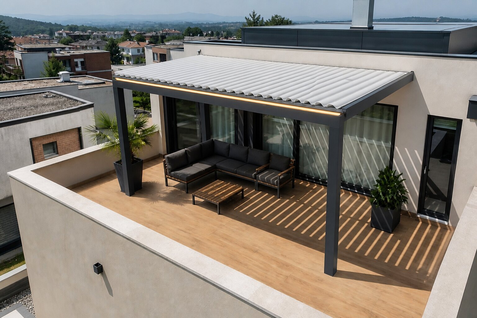 Vista en ángulo de una pérgola bioclimática CERCA de gran formato, mostrando su escala real sobre la terraza