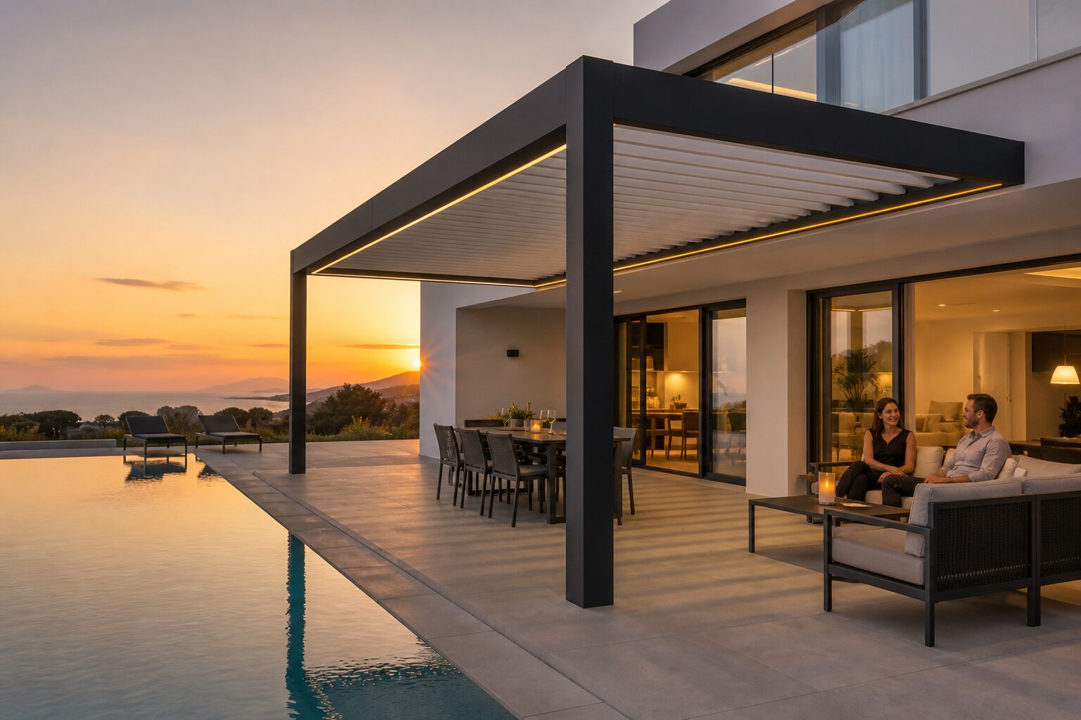 Pérgola bioclimática CERCA con iluminación LED integrada al atardecer, terraza premium