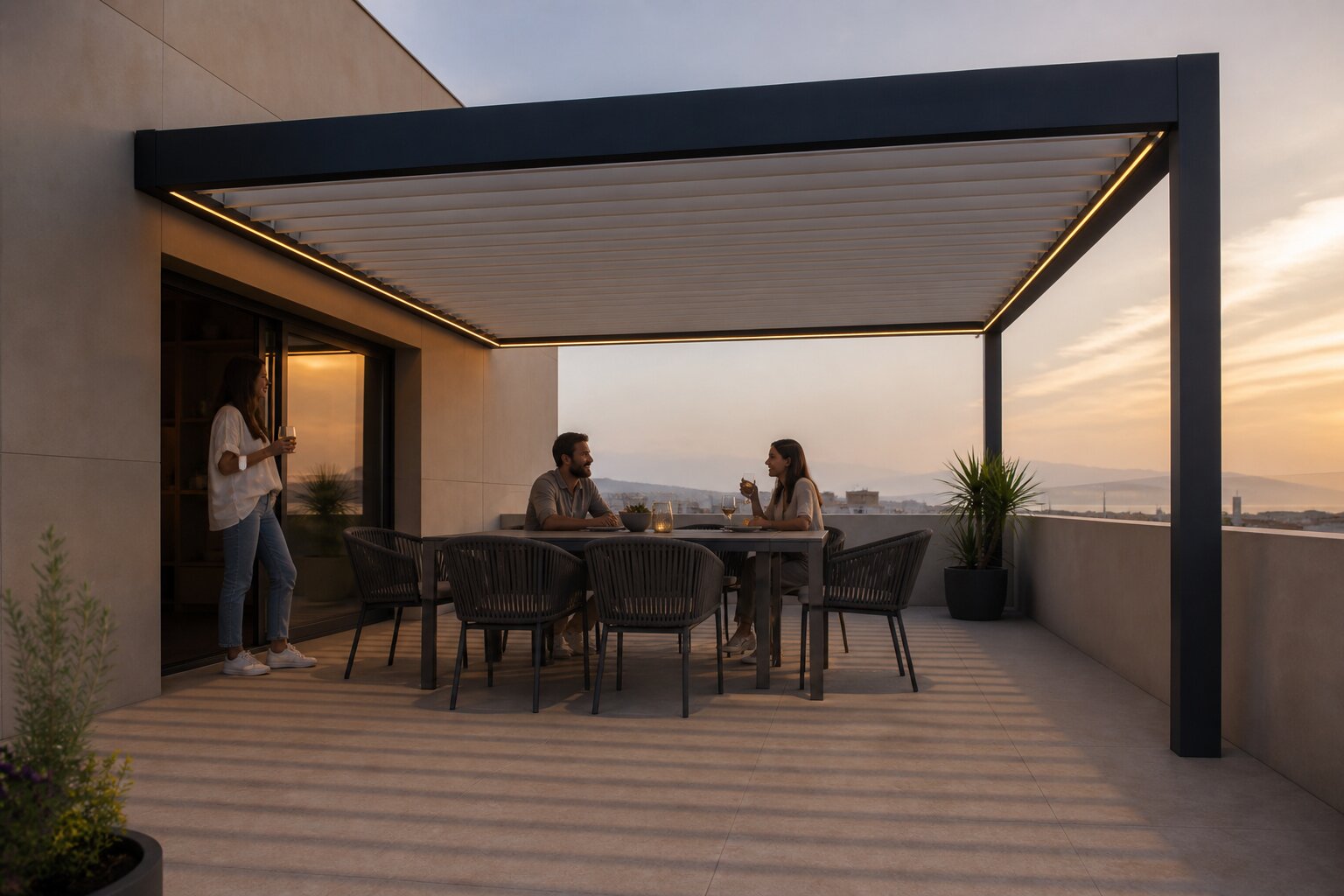 Zona de comedor exterior bajo una pérgola bioclimática CERCA con iluminación LED integrada