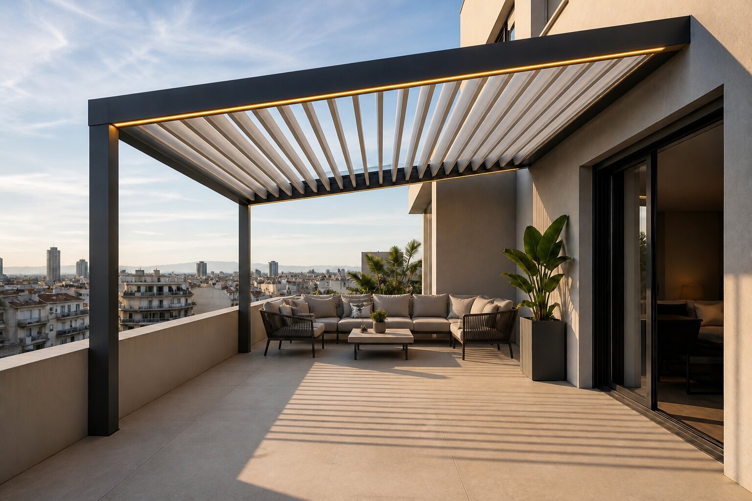 Pérgola bioclimática CERCA en la terraza de un ático con vistas a la ciudad